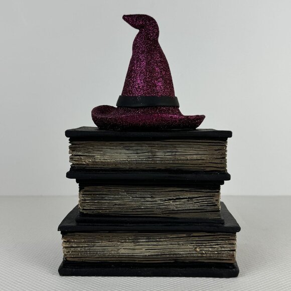 Halloween Decor Witch Hat On Stacked Books "Trick Or Treat" Glitter Faux Books - Picture 3 of 8